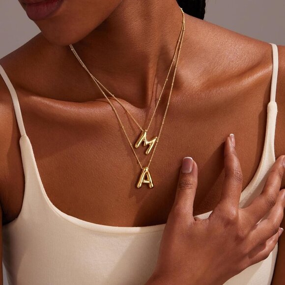 Gold Bubble Letter Necklace for Women, Dainty 14K Plated Balloon Initial Pendant - Picture 6 of 7